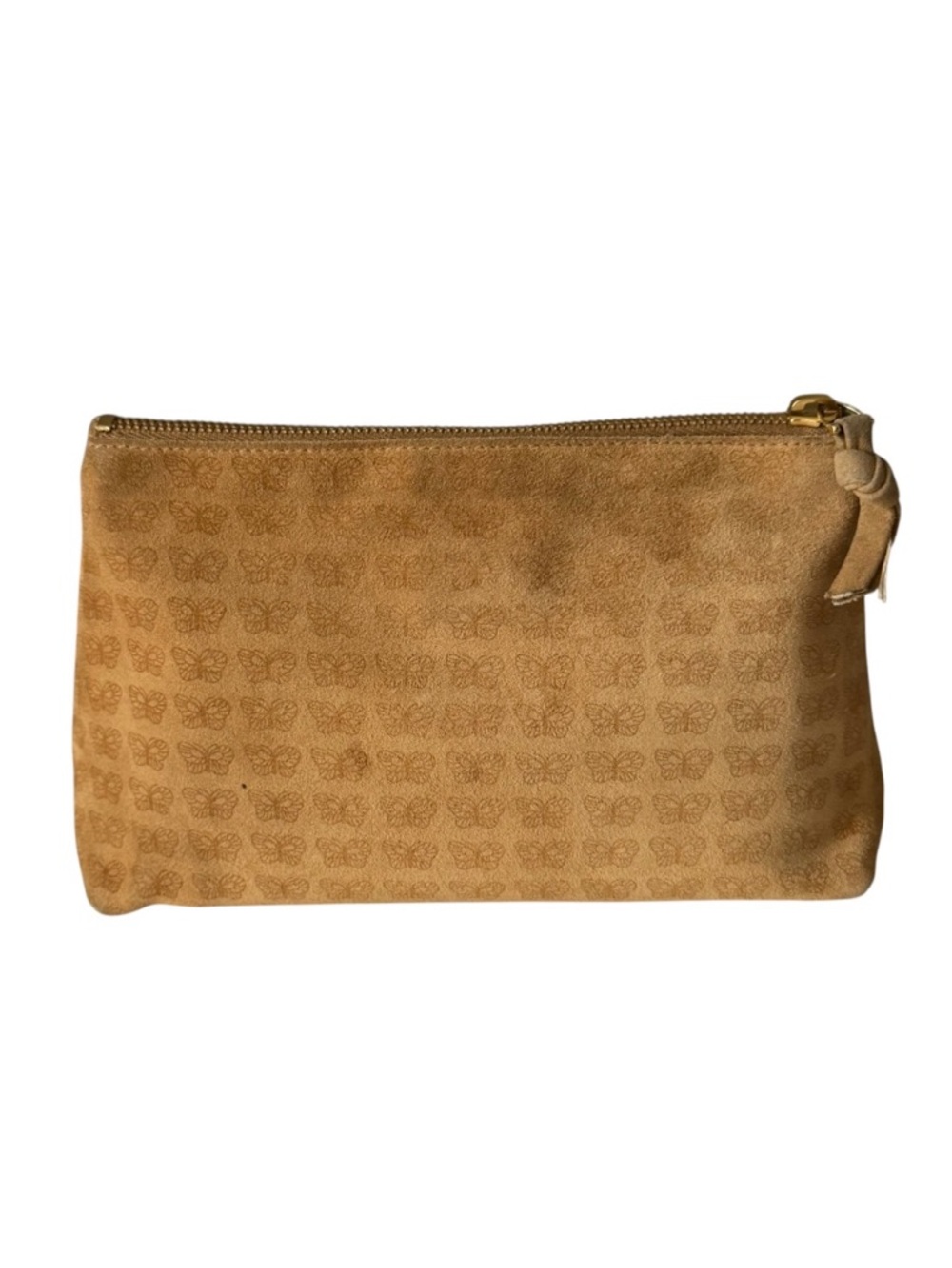 Bottega Veneta Tan Suede Butterfly Motif Cosmetic Pouch Clutch Italy